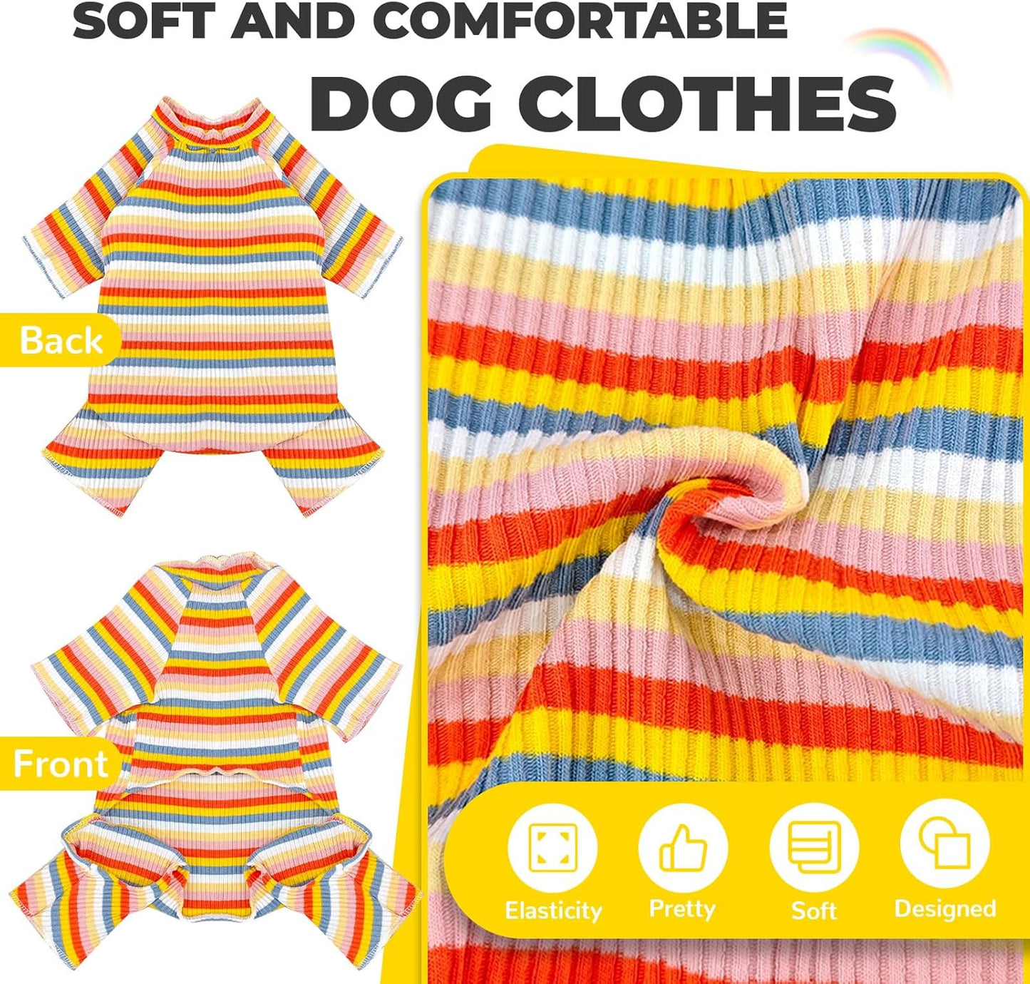 BAEJMJK Striped Dog Pajamas Stretchy Cute Four-Legged Boy Girl Dog Clothes with Sleeves Comfortable Dogs Jumpsuit Colorful Pet Puppy Outfits Apparel for Small Medium Dogs Cats(Yellow,XX-Large)