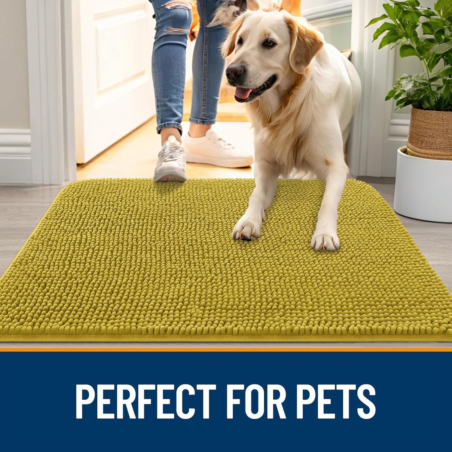OLANLY Dog Door Mat for Muddy Paws 30x20, Absorbs Moisture and Dirt, Absorbent Non-Slip Washable Doormat, Quick Dry Chenille Mud Mat, Entry Indoor Entryway Carpet for Inside Floor, Mustard Yellow