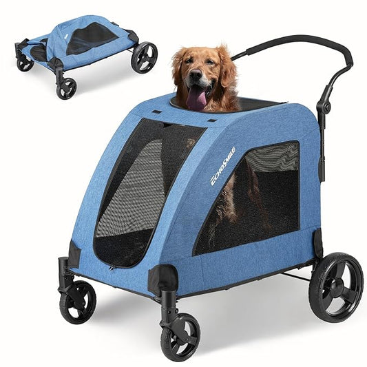 EchoSmile Heavy-Duty Large Dog Stroller with Shock-Absorbing Wheels, Foldable Pet Travel Carrier for Medium & Large Dogs, 5 Mesh Windows, 160 lbs Capacity, Easy Assembly & Storage