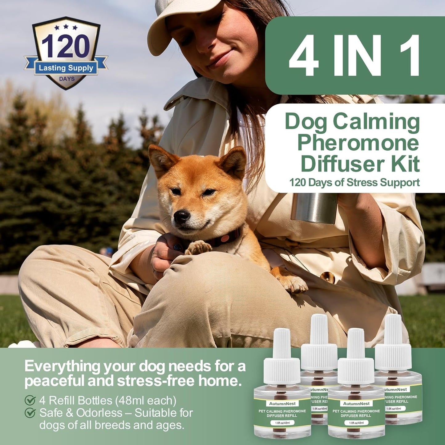 Dog Calming Pheromone Diffuser Refills, 4 Pack 48ml, Helps Dogs Relieve Anxiety, Reduce Stress, Aggression, Barking, Chewing, Scratching, Supports Dogs Travel, Vet Visits, Separation, Loud Noises