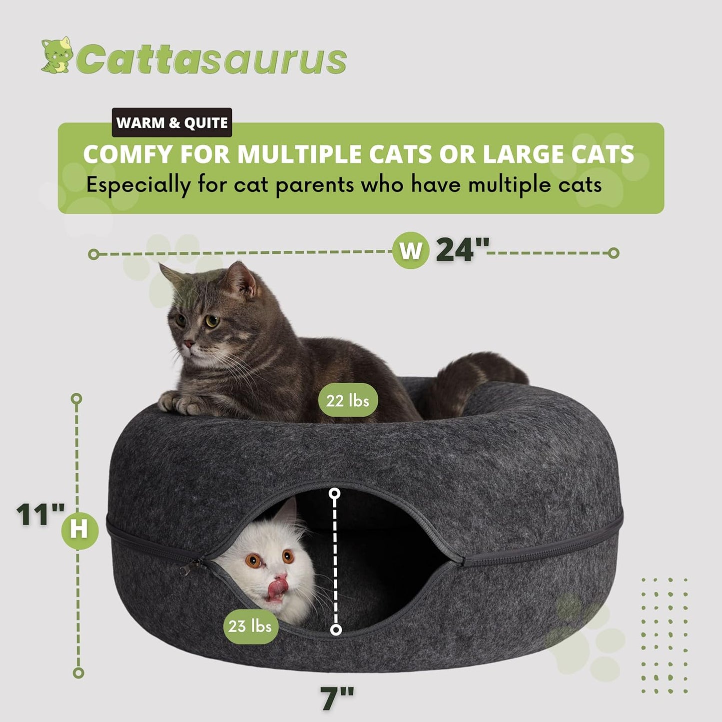 CATTASAURUS Peekaboo Cat Cave for Multiple & Large Cats Up to 30-45 Lbs, Scratch Detachable & Washable Tunnel Bed, Comfy Donut Cat Cave (Dark Gray, Large)