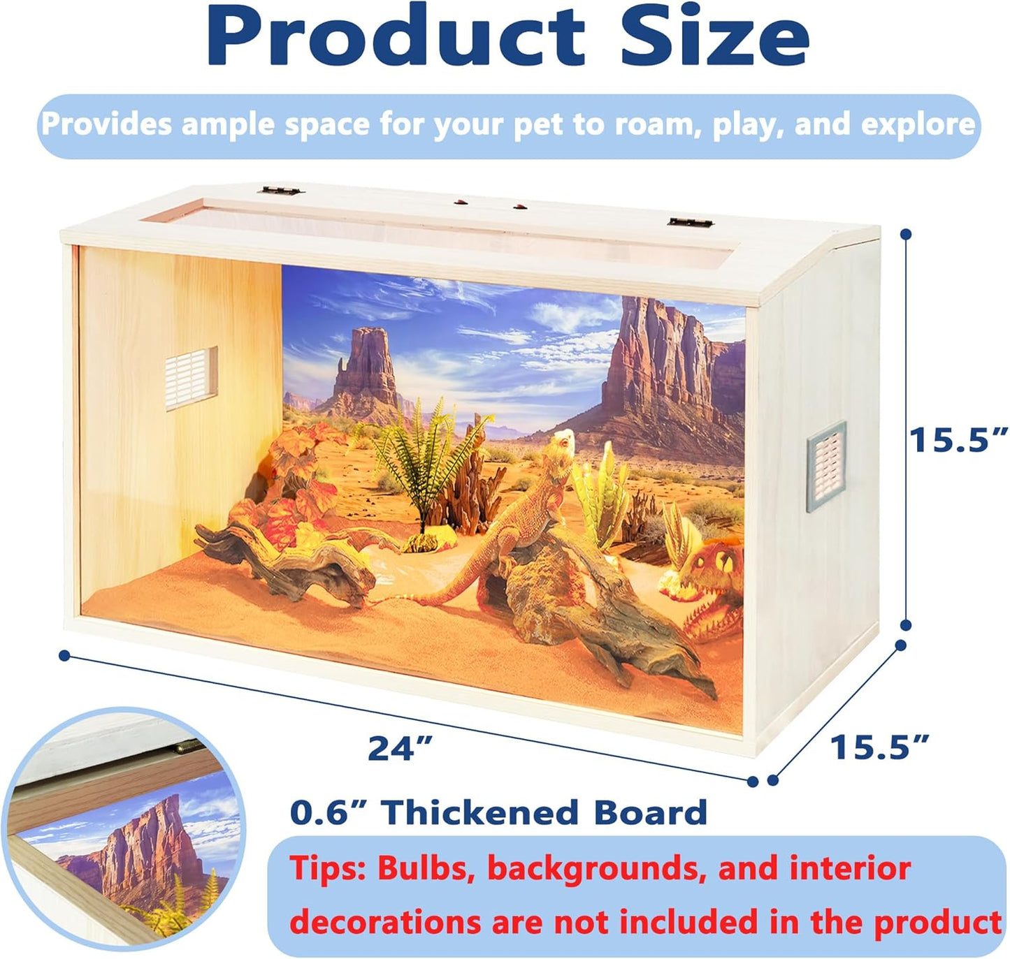 Prolee Reptile Terrarium, Lizard Tank Up to 68 Gallons, Bearded Dragon Tank with Roof Door, Snake Tank with Built-in Lamp Fixture and Switch (21 Gallon, 24" Long, Openable Wood Roof)