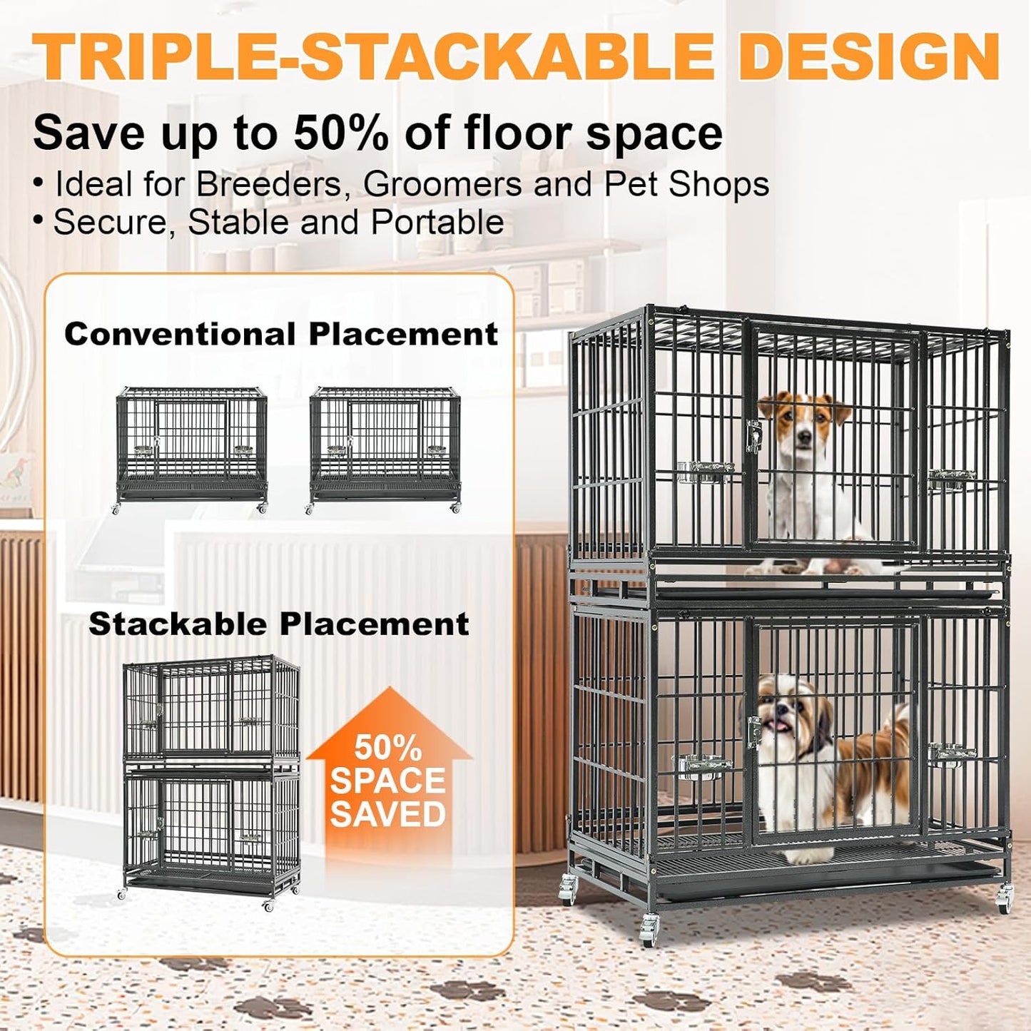 Homey Pet Two Levels 37 Inch Dog Crate, Escape Proof Dog Cage Kennel Indoor with Top Access and Lockable Wheels, Removable Tray, Heavy Duty Dog Crates for Medium/Small Dogs