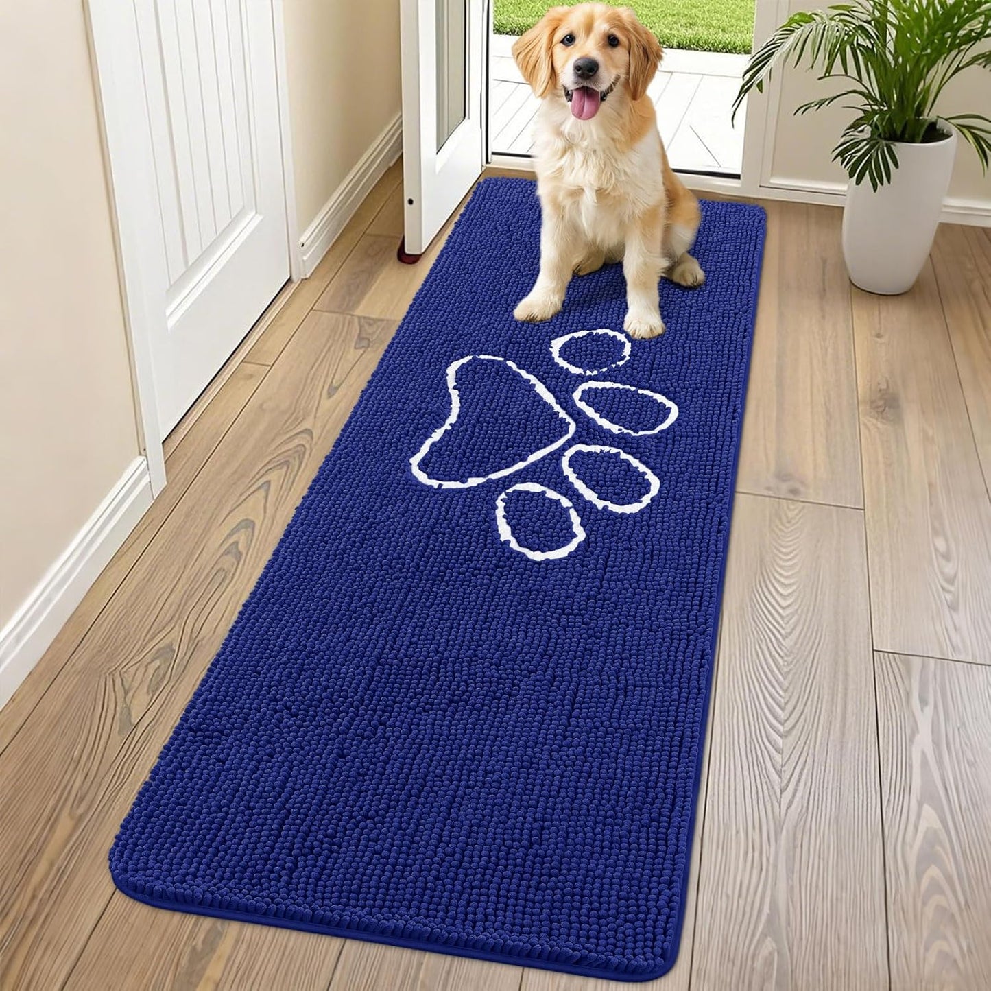 Smiry Dog Door Mat for Muddy Paws, Absorbent Dirt Trapper Non Slip Quick Dry Washable Chenille Mat for Mud Dogs, Entry Rug for Indoor and Outdoor (70x24 Inches, Navy Blue)