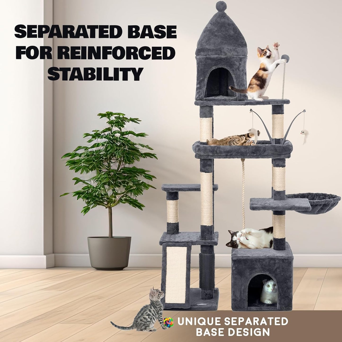 Large Cat Tree Tower for Large Cats, Cat Scratching Post, Self Grooming Post, Interactive Cat Toys, Oversized Perch and Basket, Heavy Duty 72", Dark Grey