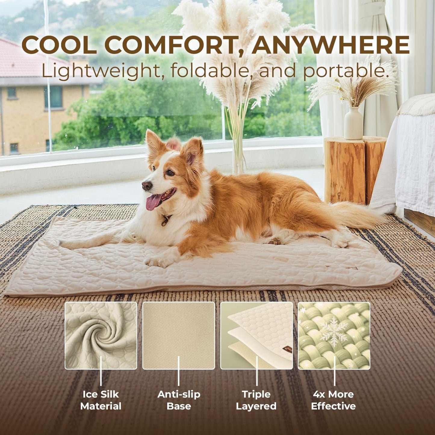 Dog Cooling Mat- Ice Silk Summer Comfort, Self Cooling, Non-Slip Dog Pad, Durable & Washable, Mat for Extra Large Dogs 85x115 cm, Support Shelter Dogs with Every Purchase (Beige)