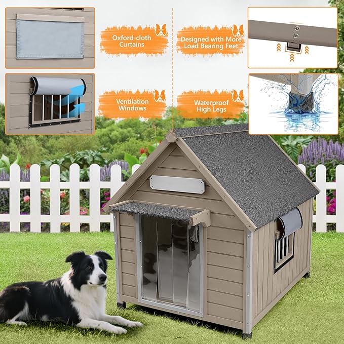Large Dog House Outdoor Weatherproof, Wooden Dog Kennel Shelter with Anti-Chewing Iron Frame, Removable Floor for Medium to Large Dogs, Easy Clean and Assemble (30.5" L*37.4" W*39.3" H)