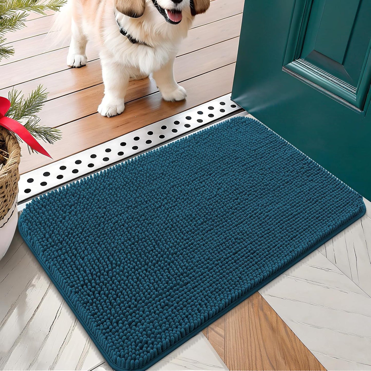 OLANLY Dog Door Mat for Muddy Paws 24x16, Absorbs Moisture and Dirt, Absorbent Non-Slip Washable Doormat, Quick Dry Chenille Mud Mat, Entry Indoor Entryway Carpet for Inside Floor, Atlantic Blue
