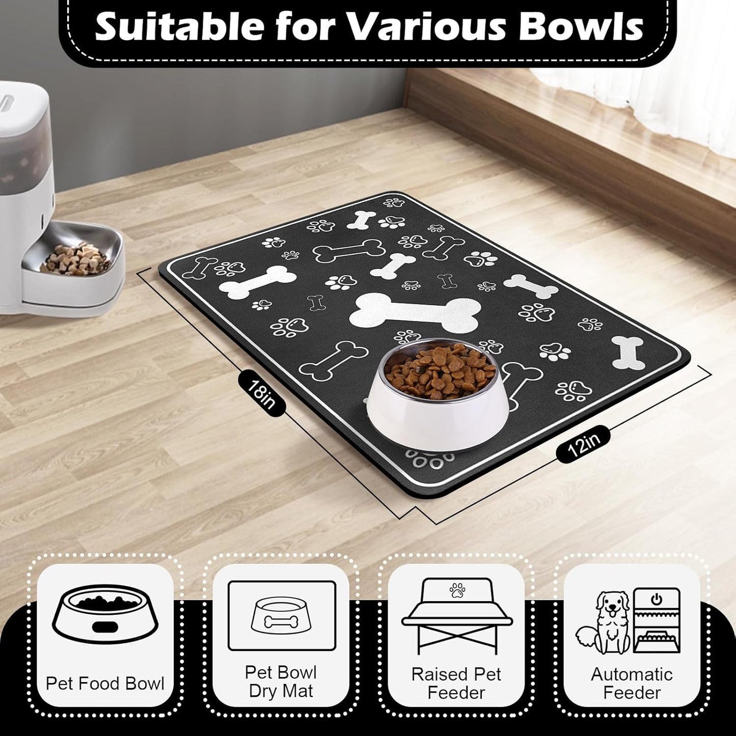 Pet Feeding Mat,Rapid Absorbent Mats for Dog Cat Food, Dog Placemat Water Bowl Mat with Rubber Backing,Messy Drinkers to Protect Floors, Pet Accessories 12"x18" Black