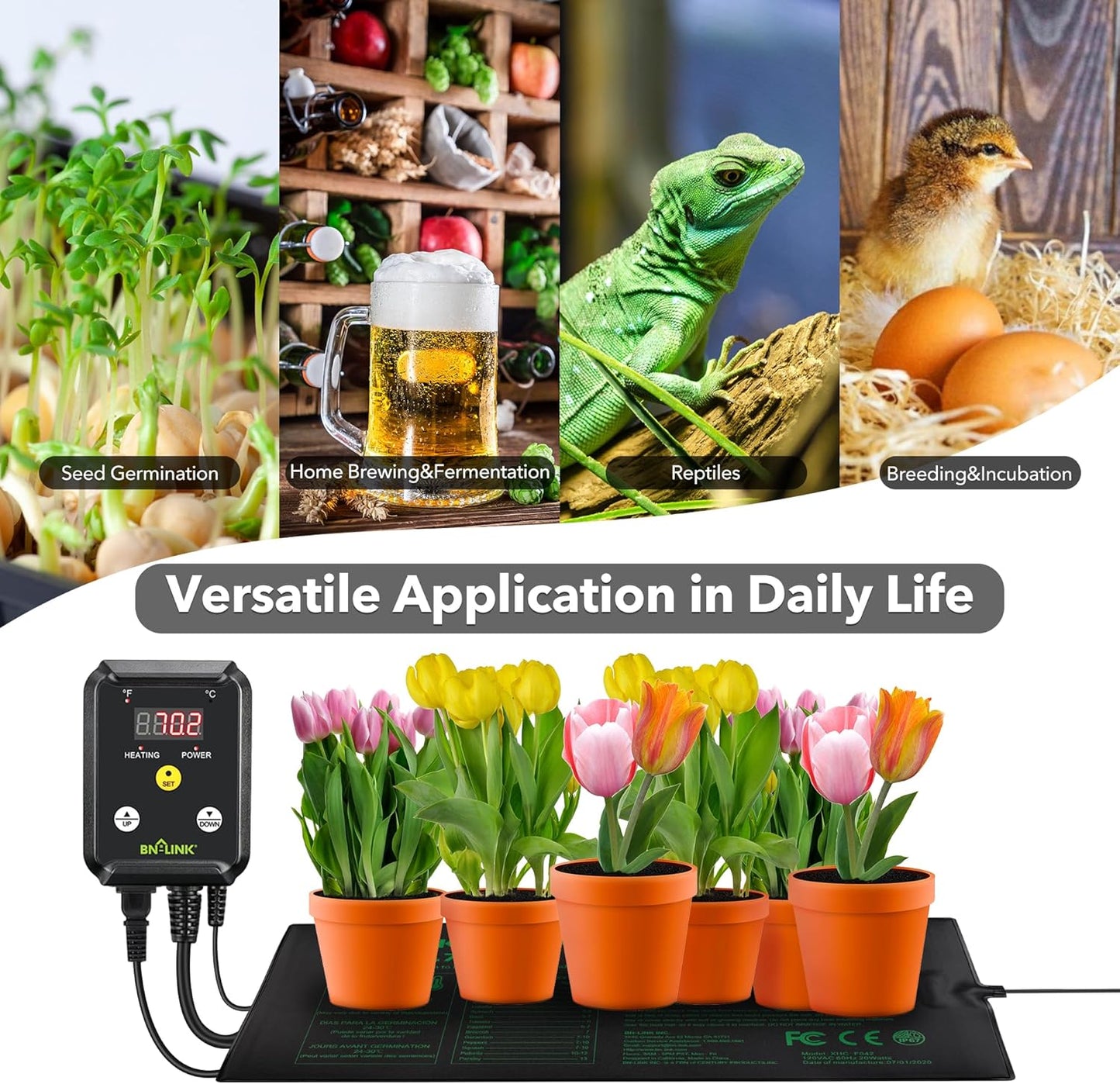 BN-LINK Digital Heat Mat Thermostat Controller for Seed Germination, Reptiles and Brewing Breeding Incubation Greenhouse, 40-108°F, 8.3A 1000W ETL Listed