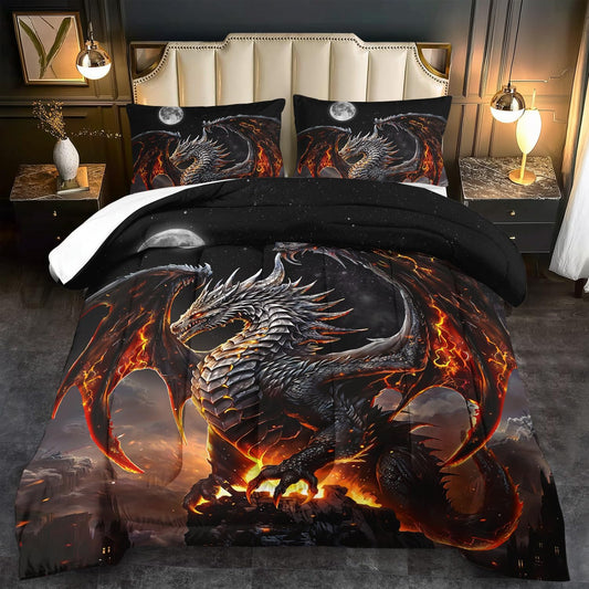 Black Dragon Comforter Set Queen Adult,Flame Dragon Bedding Set for Boys,Magical Beast Bedding Fantasy Animal Comforter Beedroom Decor,Magical Beast Quilt Bed Decor