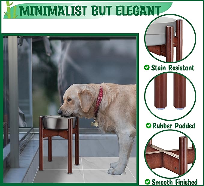 Stand for Dog Water/Food Bowl, Fountain Dishes and Feeders - Makes 14-inch High, Ideal for Large Breeds - Adjustable Sideways with Lock, Dark Wood - Bowls Not Included