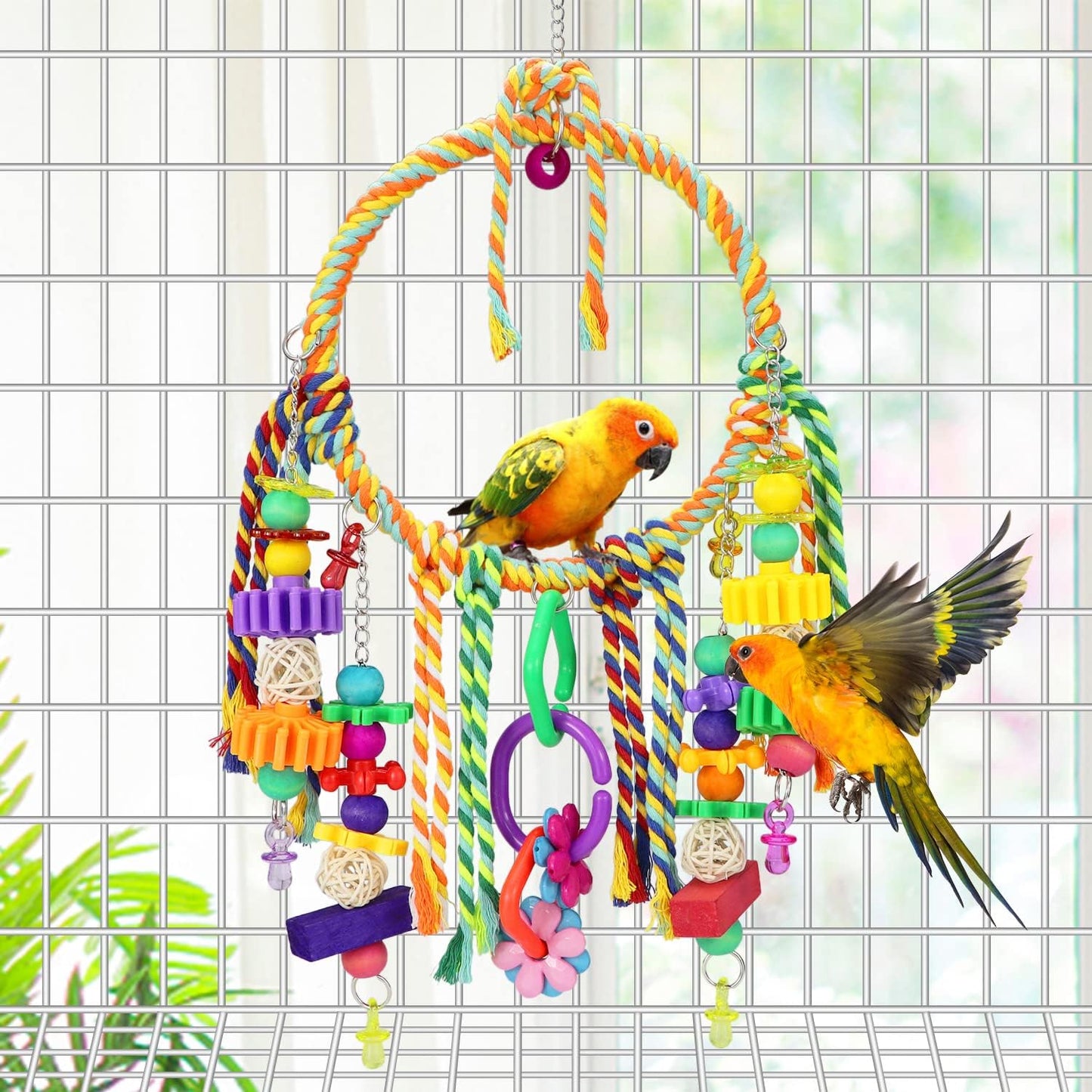 Bird Swing Toy with Perches - Colorful Chewing Toys for Parakeets, Meyers Cockatiel, Conure, Quaker, Caique & Other Medium Sized Birds