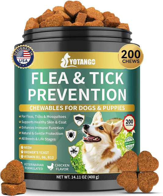 YOTANGO Flea and Tick Prevention for Dogs Chewable, 200 Soft Treats Natural Dog Flea and Tick Treatment Chewable, Oral Flea Supplement Chews, Skin & Coat Support for Dogs Puppies - All Breeds & Ages