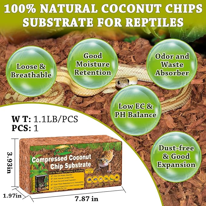 ZeeDix Natural Coconut Chips Substrate for Reptiles, Coconut Fiber Husk Reptiles Bedding, Compressed Coco Chips Substrate for Ball Python, Snakes, Tortoise, Hermit Crab, Frogs, Lizard, Tarantula