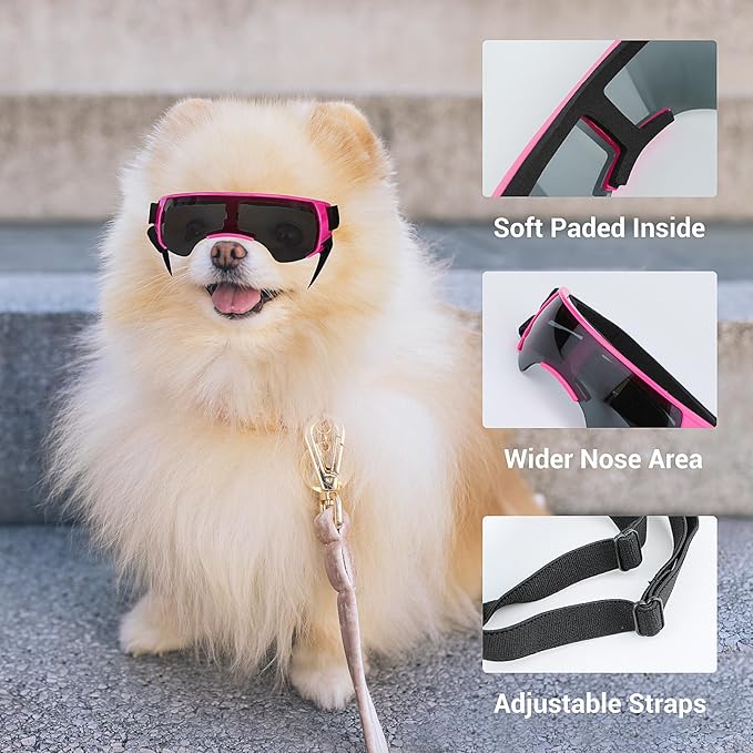 Lesypet Dog Sunglasses Small Breed, Dog Goggles for Small Dogs Windproof Anti-UV Glasses for Dogs Outdoor Eye Protection, Pink
