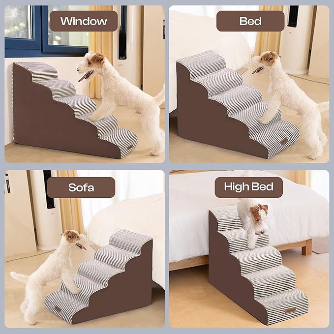 Curved Dog Stairs for High Bed Up to 26", 5-Step Dog Ramp for Small Dogs with Washable Cover, Non-Slip Steps for Cats to Get on Couch and Sofa, Durable Foam Ladder for Medium Breeds, White Coffee