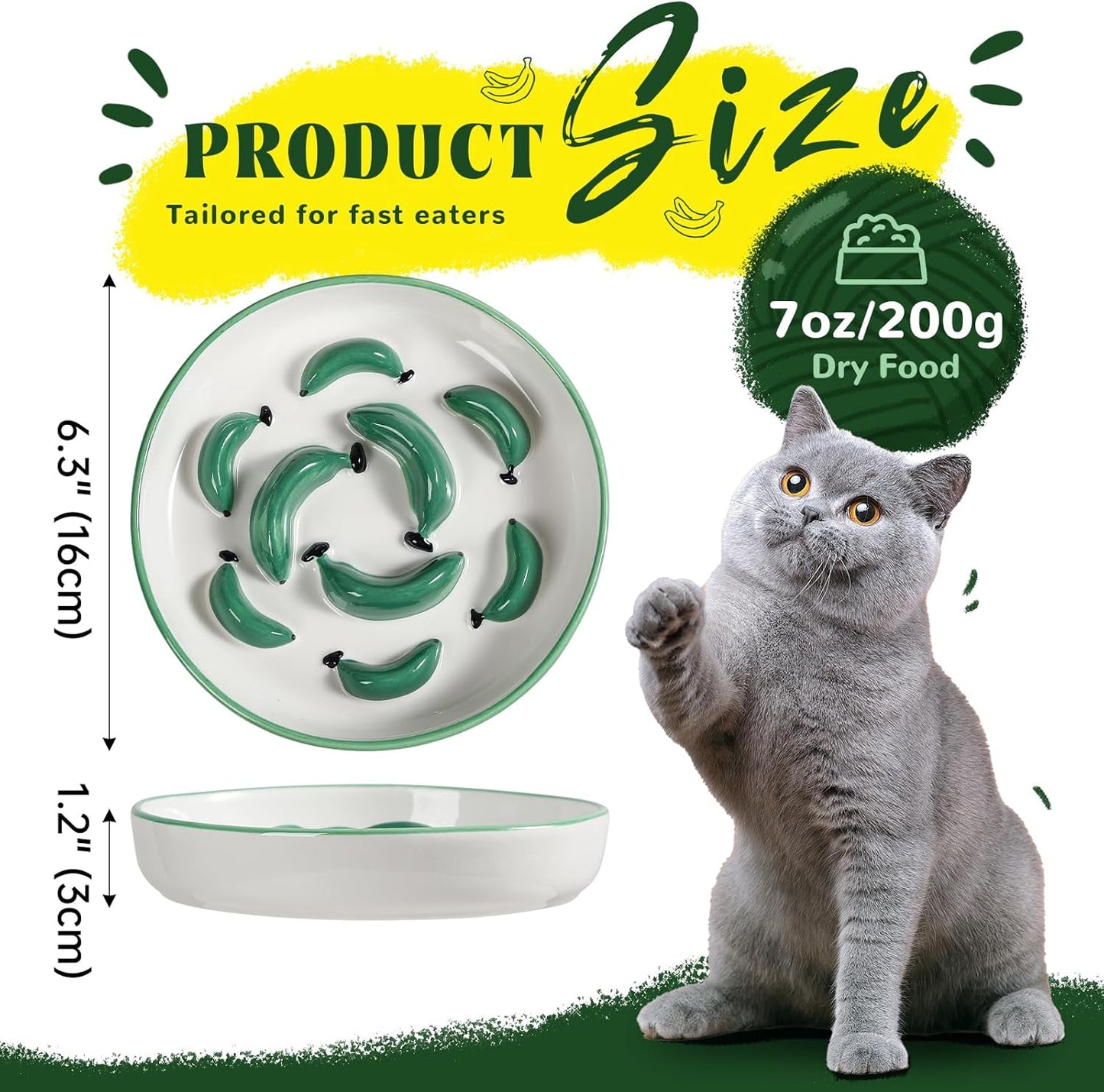 Ceramic Cat Slow Feeder Bowl - Vibrant Cat Feeding Bowl - Cute Maze Food Dish for Slow Eating - Dishwasher Safe - 6.3''W x 1.2''H - 7 OZ - Yellow