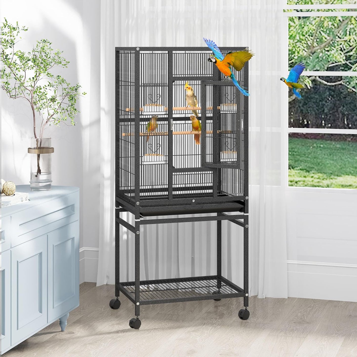 YITAHOME 53.9 inches Metal Bird Cage for Parakeets: Large Parrot Cages with Seed Catcher & Birdcage Cover with Rolling Stand & Brakes for Lovebirds Cockatiels Pigeon Finches, Black