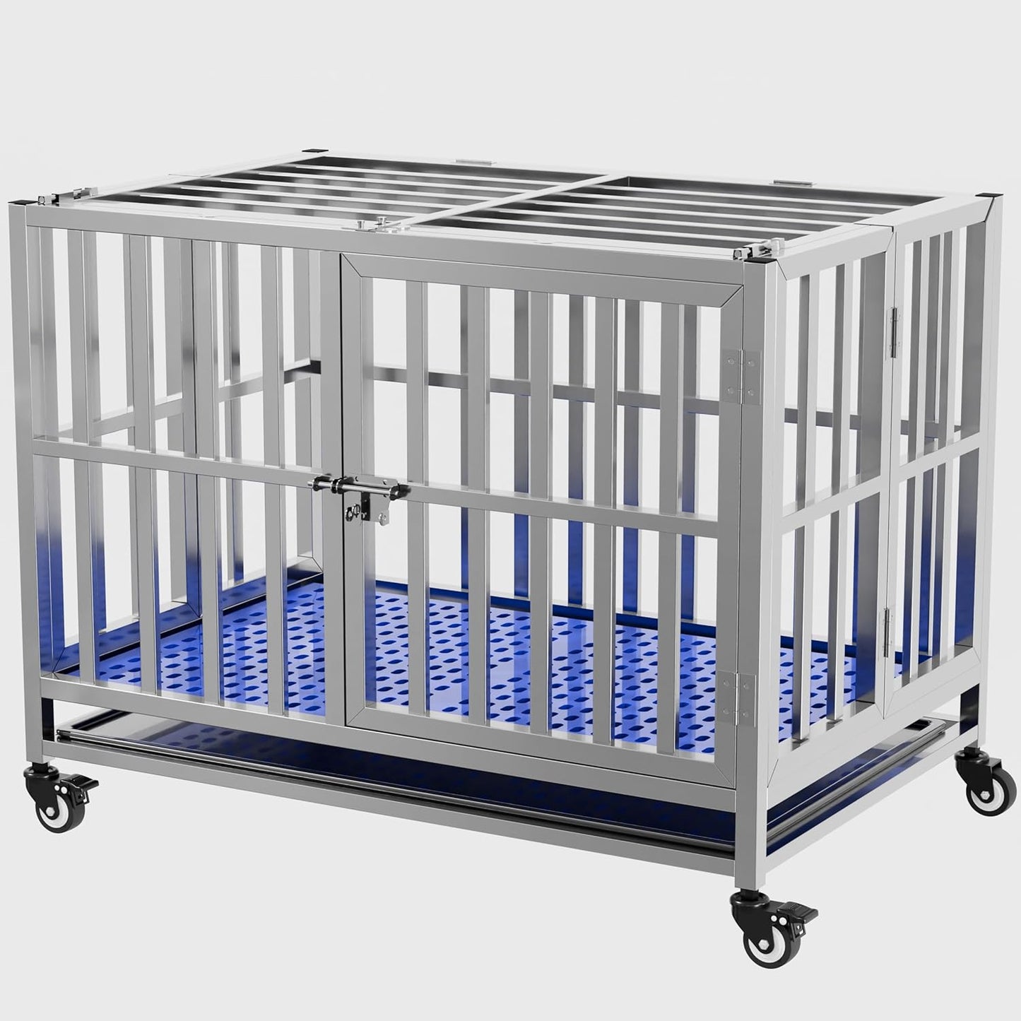 Collapsible Stainless Steel Dog Crate, 30" 37" 42" 48" Sizes, Lockable Wheel, with Tray, Stackable, Heavy Duty, Divider, Indoor and Outdoor （30in Size is Suitable for Small Pets only）