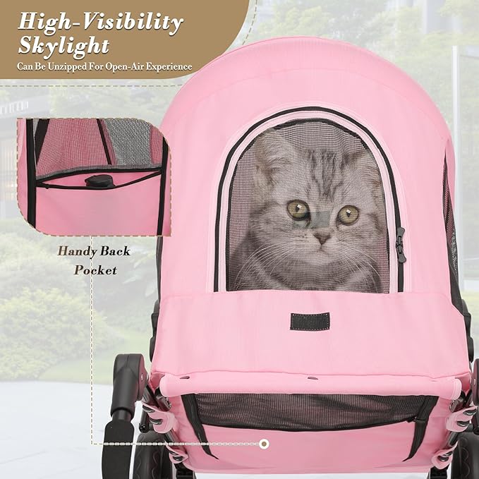 Athena Collection 3 Wheels Pet Stroller Fabric Dog Cart Dog Stroller for Large Dogs 55 Lbs Pet Stroller with Mesh Windows, Zipper Back Pocket, Safety Tether, Angle Adjustable Handlebar, Pink