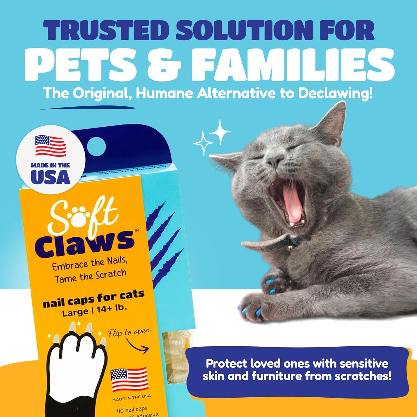 Soft Claws Cat Nail Caps for Large Cats – (40 Caps, Blue) - Made in USA - Veterinarian-Developed | Protects Furniture & Skin - Easy to Apply, Long-Lasting Anti-Scratch Soft Cat Claw Covers.