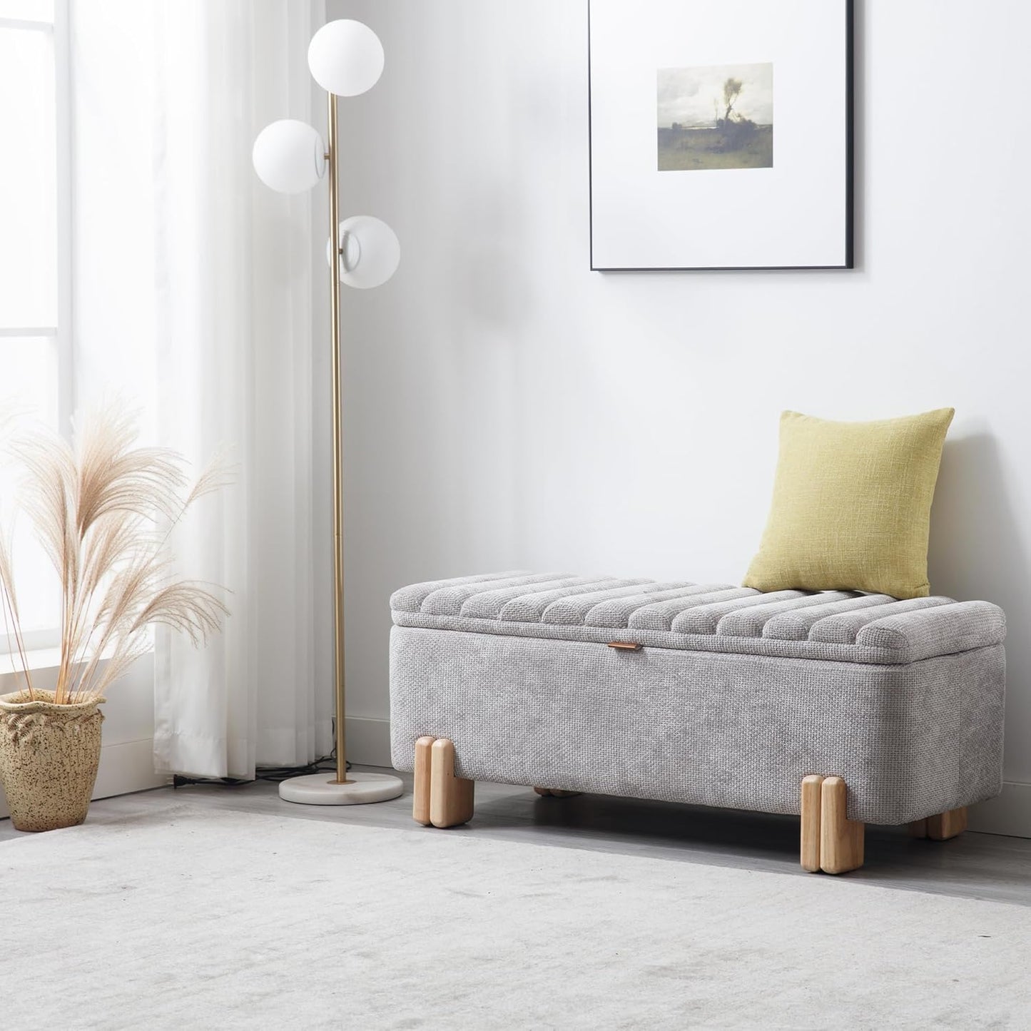 Wavy Ottoman Storage Bench Multi-Functional Narrow Entryway Bench Elegant End of Bed Bench with Storage and Safty Hinge for Living Room Entryway Hallway Bedroom Boutique, Grey