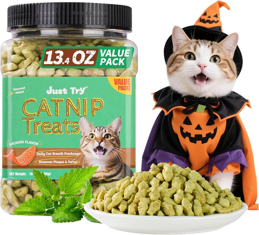 Just Try 13.4 OZ Crunchy Cat Treats Catnip Treats for Cats with Digestive Support, Natural Ingredients Kitten Treats with Real Salmon, Healthy Feline Snacks Training Biscuits Dental Care