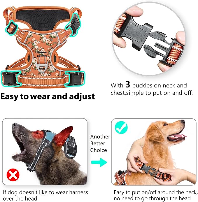 Timos Dog Harness, No Pull Dogs Harness 3 Snap Buckles Adjustable Reflective No Choke Pet Vest for Small Dog with Soft Padded Control Training Handle for Outdoor Training,Flower Orange, XS