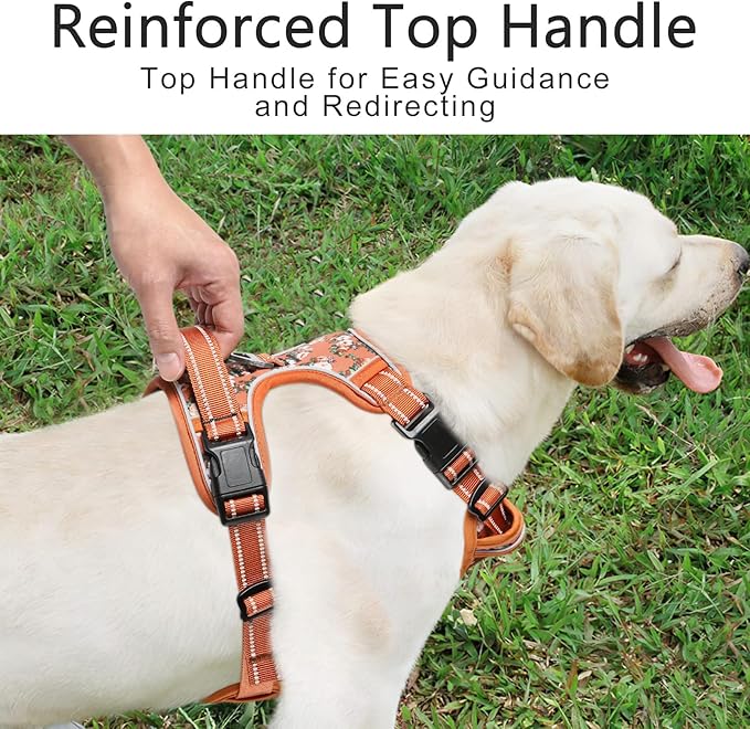 Timos Dog Harness for Large Dogs, No Pull Service Vest with Reflective Strips and Control Handle,No Choke Dog Harness with 2 Metal Rings for Easy Walking,Outdoor Training,Flower Orange, L