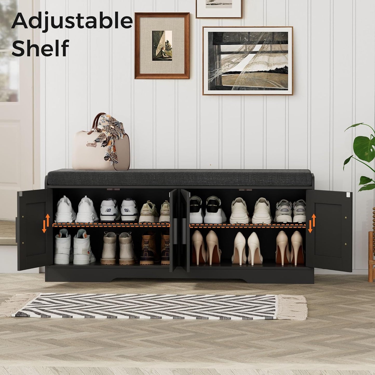 2-Tier Storage Bench, Shoe Bench with Thickened Padded Seat Cushion, Entryway Bench with 4 Doors, Adjustable Shelf, 13.8" D x 45.3" W x 18.5" H, for Entryway, Living Room, Bedroom, Black