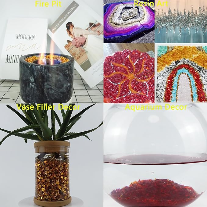 TWINKLING High Luster Crushed Glass Glitter, Fire Glass Gems Chips for Fire Pit, DIY Resin Art, Epoxy Crafts, Geode Painting, Aquarium Decoration, 6-9mm (370g/13oz.) (Gold)