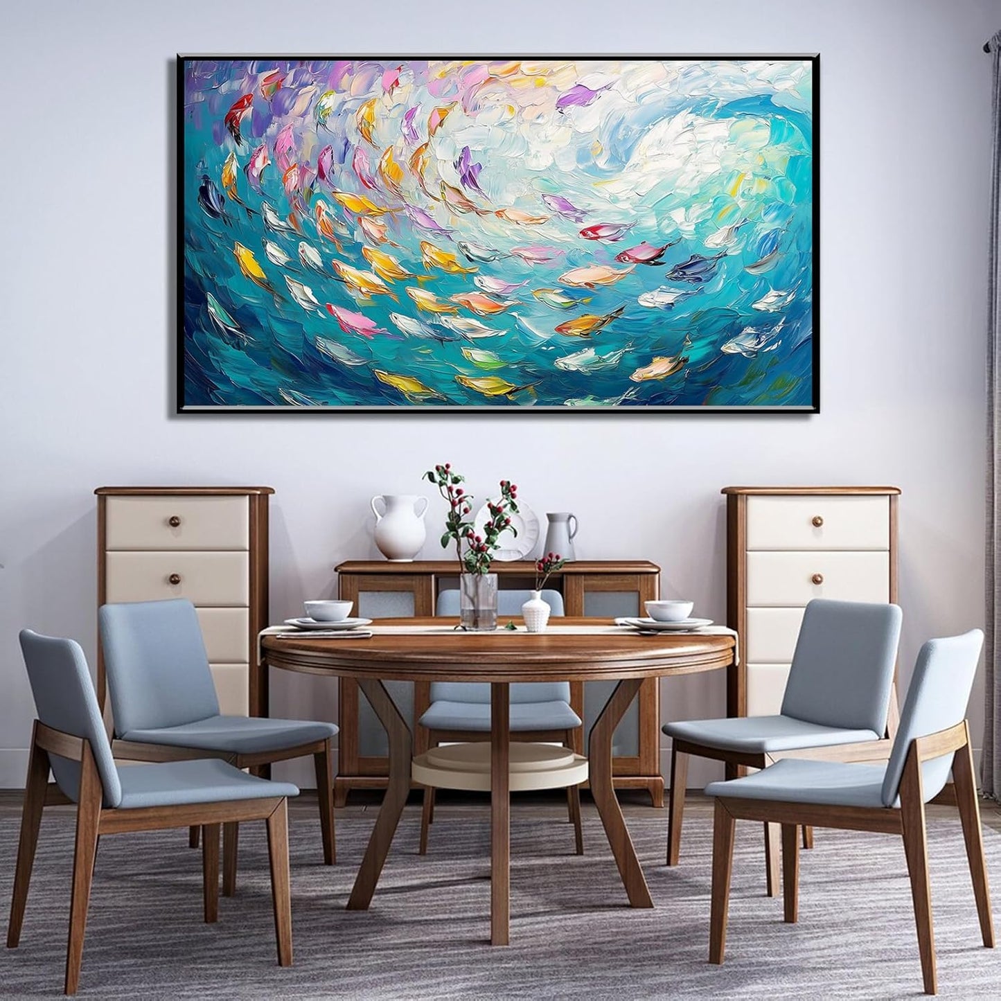Fish Canvas Wall Art, Abstract School of Fish Canvas Wall Art, School of Fish Painting Canvas, School of Fish Wall Art, Fish Wall Decor, Fish Pictures Wall Decor, Bedroom Canvas Wall Decor (Gold Framed, 59"x33" | 150x84cm)