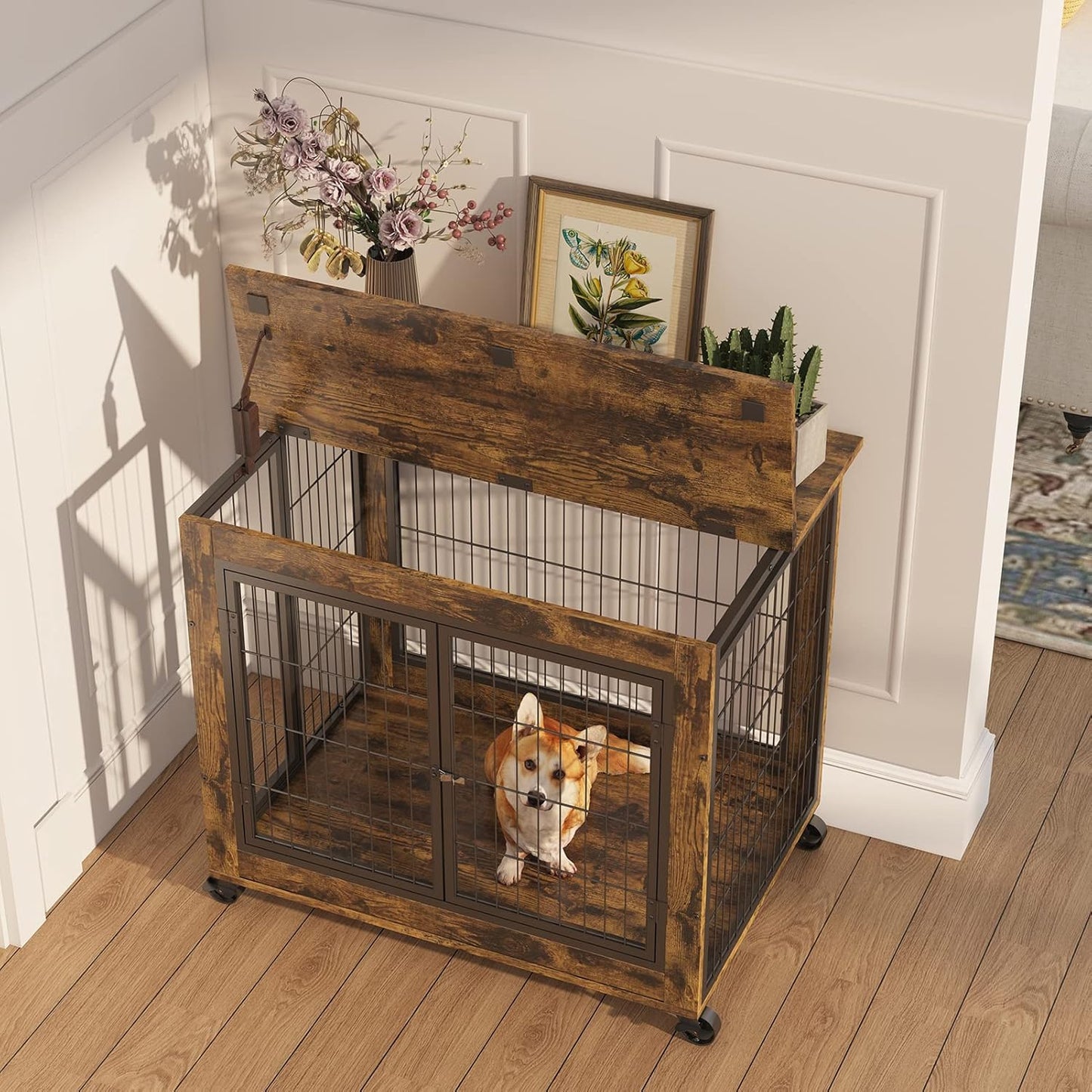 IchbinGo Dog Crate Furniture, Wooden Dog Crate Table, 31.5" Dog Kennel with 3 Doors, Flip-up Top Opening and Wheels, Decorative Pet Crate Dog House for Medium/Small Dog Indoor Use (Rustic Brown)