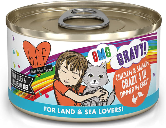 Weruva B.F.F. OMG - Best Feline Friend Oh My Gravy! Grain-Free Wet Cat Food Cans, Crazy 4 U! Chicken & Salmon, 2.8oz Can (Pack of 12)