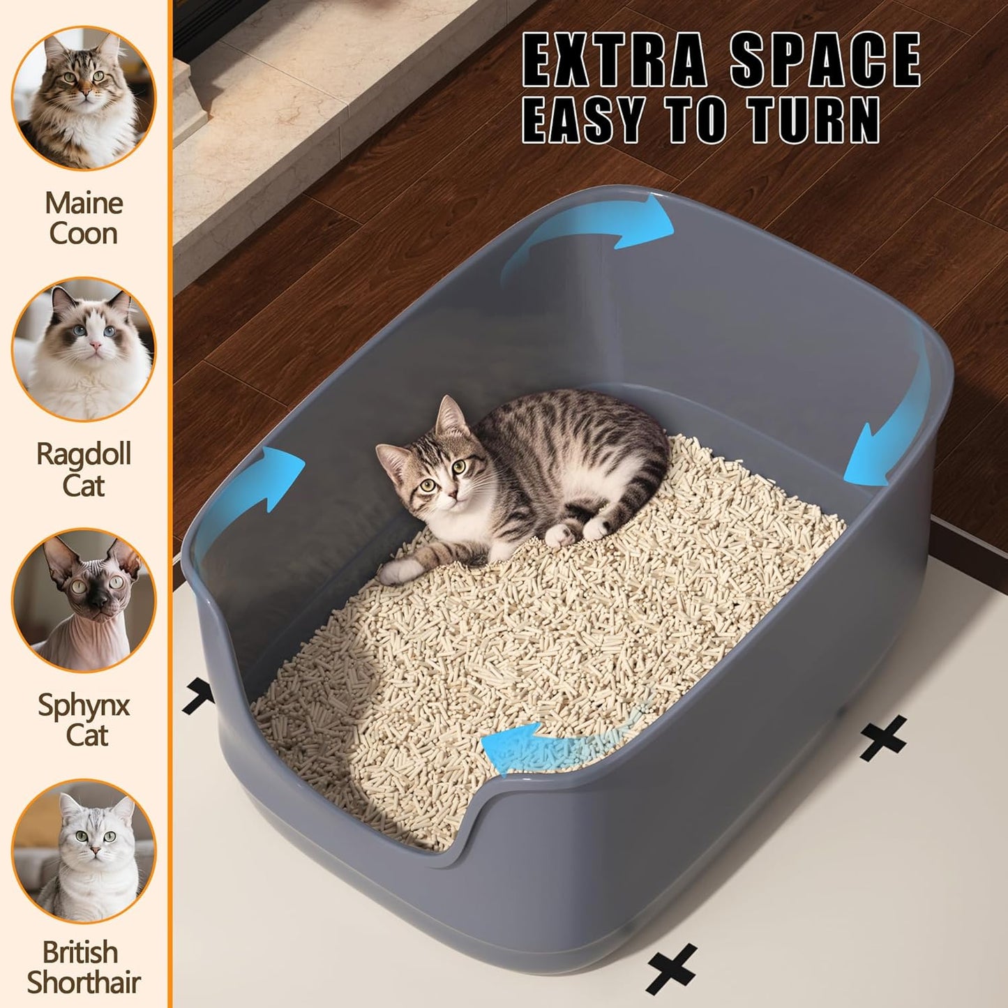Gefryco Large Cat Litter Box with High Sided 24.6"x18.3"x12.2" - Jumbo Extra Large Open Anti - Splashing High Wall for Multiple Cats (Grey)