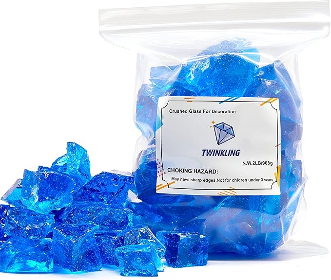 TWINKLING High Luster Fire Glass Gravel Stone,Broken Glass,Fire Pit Glass,Crushed Glass for Fireplace Pit Aquarium Garden Decoration,1-3cm,2-Pound Jar (Ocean Blue)