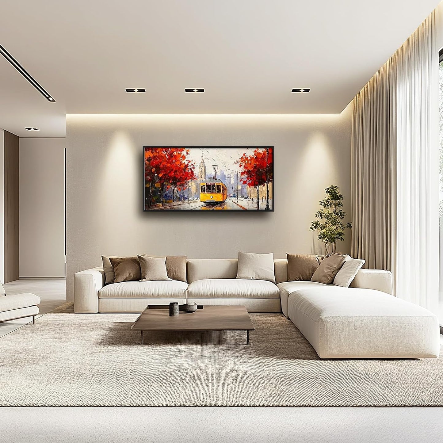 Large Cityscape Wall Art for Living Room, Framed Oversized Urban Tram Wall Decor Tree Landscape Canvas Painting Modern Artwork for Living Room Bathroom Bedroom Office Dining Room 60"x30"