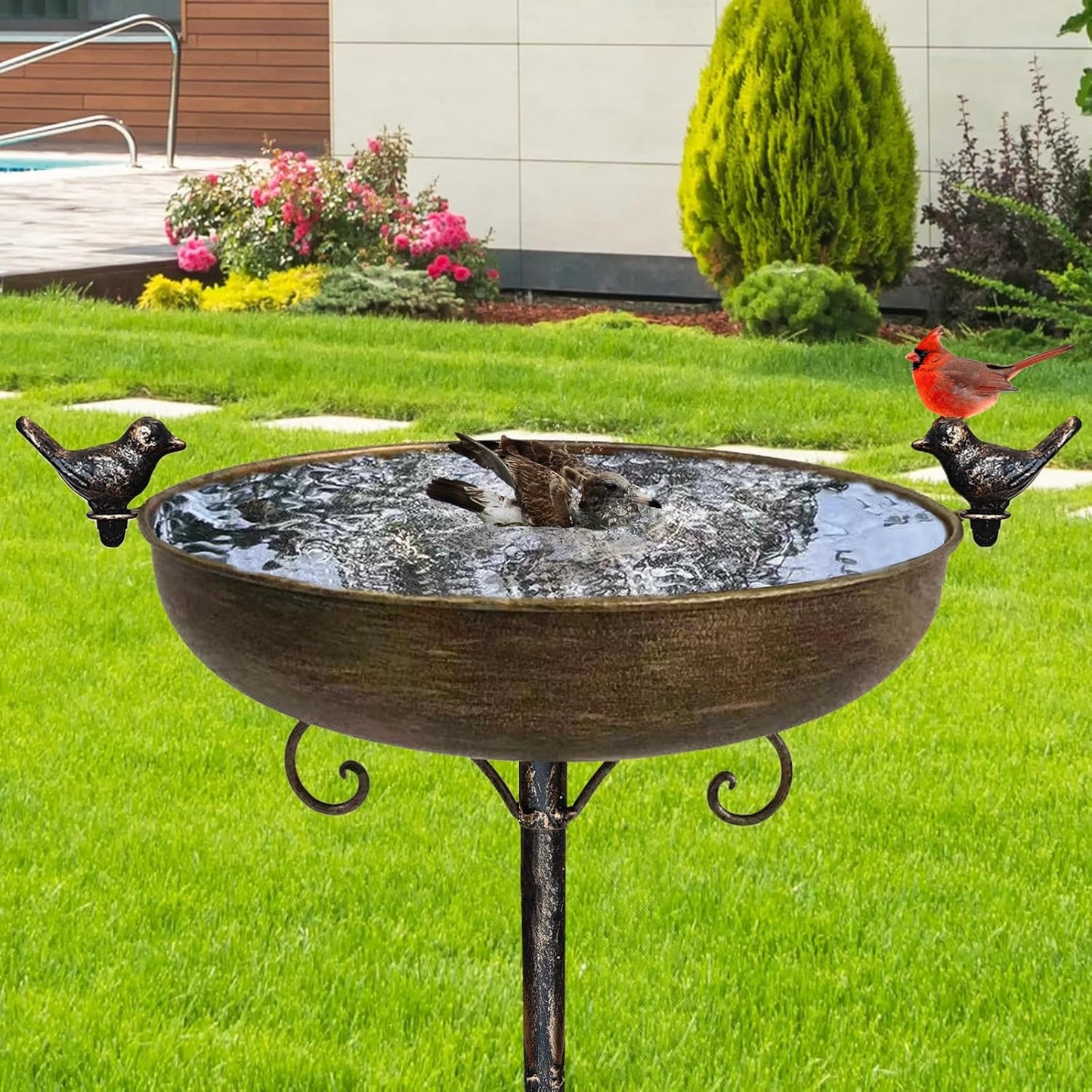 Cast Iron Bird Bath, Bird Baths for Outdoor, Metal Bird Bath with Bird Statues Bird Bath and Bird Feeder Bowl Tray Yard Garden Lawn Outside Decoration