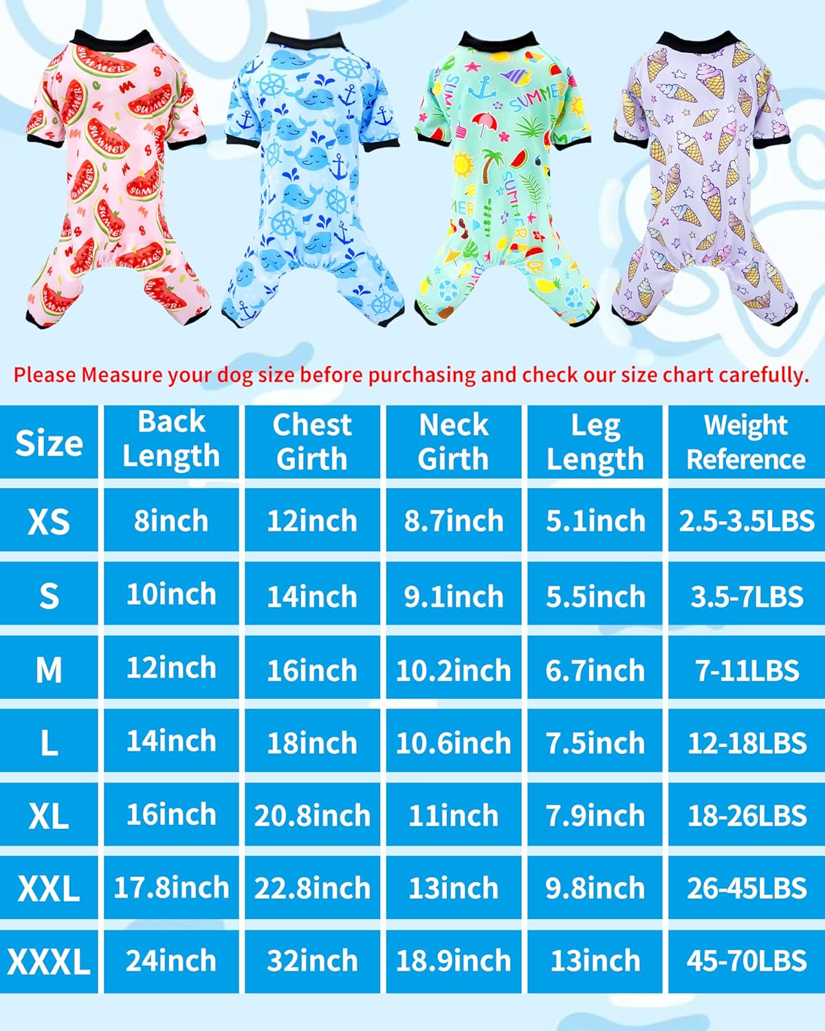 PET SHOW 4 Pack Dog Pajamas for Extra Large Dogs Girl Boy Watermelon Soft Stretchy PJs Whale Ice Cream Jumpsuit Dog Floral Onesies Outfits with Sleeve Pets Breathable Summer Costume Clothes XXXL