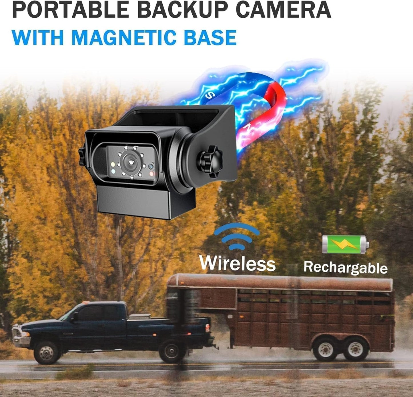 EWAY WiFi Magnetic Hitch Wireless Backup Rear/Front View Camera Rechargeable Battery for Easy Hitching of Gooseneck Horse Boat Travel Trailer/Fifth Wheels/RV/Camper Reverse for iPhone iPad Android