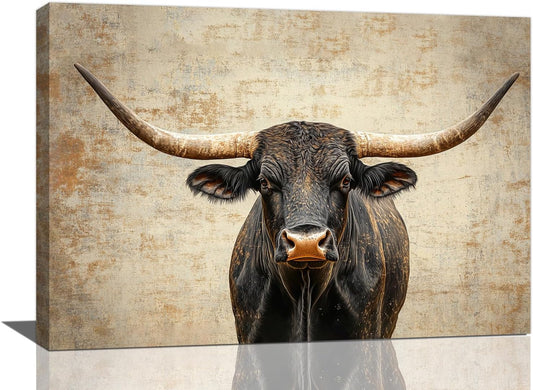 Rustic Highland Cow Pictures Wall Art, Farmhouse Longhorn Bull Bathroom Wall Decor Black Cow Framed Painting Canvas Artwork for Bathroom Bedroom Living Room Decorations 24"L x 16"W