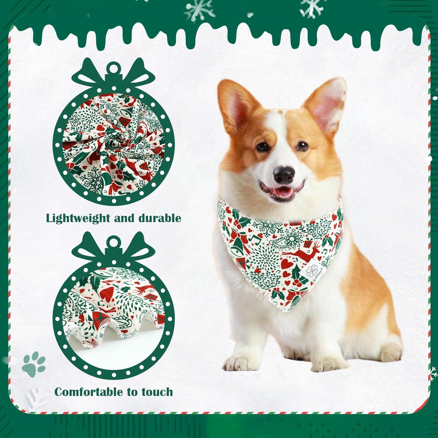 E-Clover Christmas Dog Bandanas & Matching Scrunchie Set White Green Red Dog Scarf Bibs Pet Bandana with Bow Tie for Medium Large Dogs Owner Mom Winter