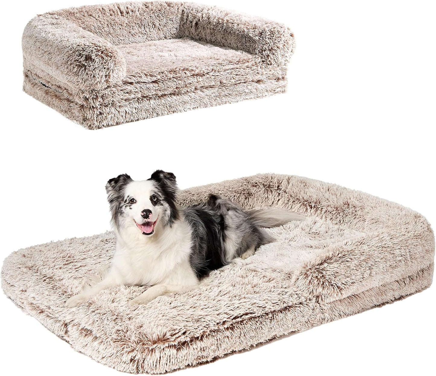 EHEYCIGA Foldable XXL Dog Bed, Faux Fur Fluffy Pet Couch Bed for Extra Large Dogs, Orthopedic Calming Memory Foam Pet Bed, Washable Soft Pet Sofa Bed with Non-Slip Bottom, Faded Brown, 54"x38"x7.5"