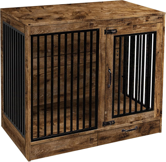 Rustic Brown Heavy Duty Furniture Dog Crate, Wood and Metal Kennel Cage, Pet House End Table with Drawer and Pull-Out Design, Dog Home for Indoor use, Large Size