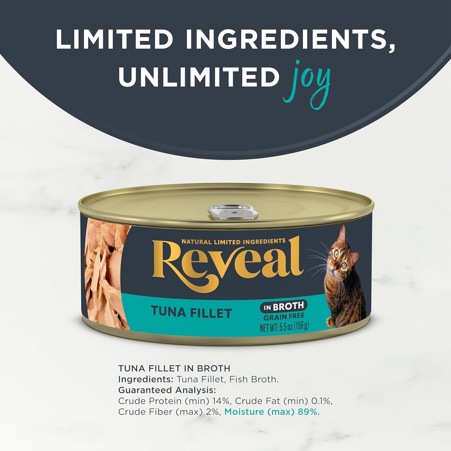 Reveal Natural Wet Cat Food, 12 Count, Grain Free, Limited Ingredient Canned Food for Cats, Tuna Fillet in Broth, 5.5 oz Cans