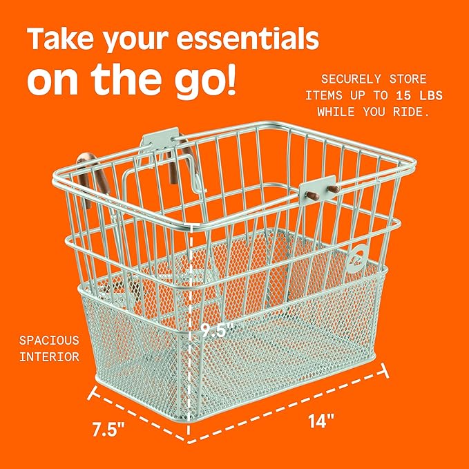 Retrospec Apollo Detachable Front Bike Basket Steel Half-Mesh with Integrated Detachable Hooks and Built-In Handle, Easy Assembly and Portability for Bicycles