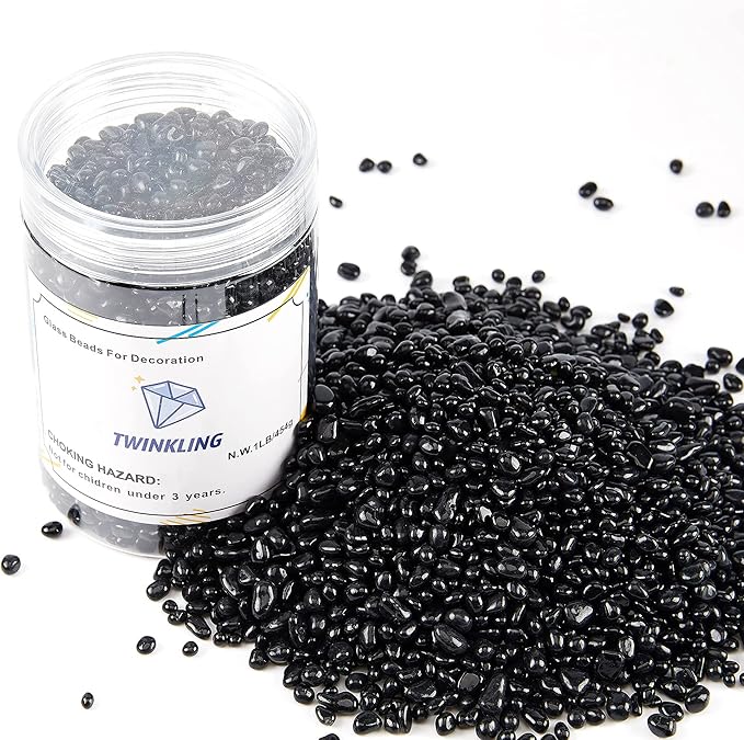 TWINKLING High Luster Round Fire Glass Stones, Marbles, Pebbles, Beads Gems for Fire Pit Vase Fillers Crafts Aquarium Garden Decoration, 3-6mm, 1-Pound Jar (Black)