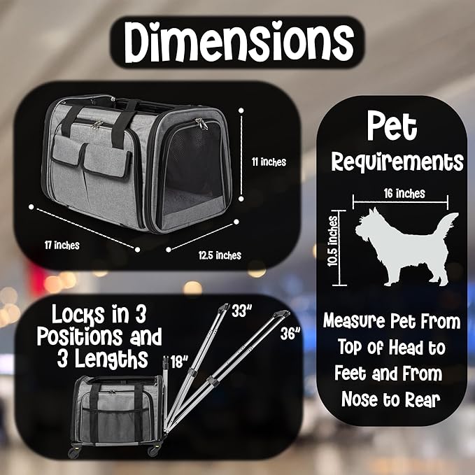 Pet Carrier with Wheels | United Delta American Frontier Airline Approved | Two Expandable Sides, Storage Pockets Adjustable Leash | Rolling Dog and Cat Carrier TSA Compliant (Grey)