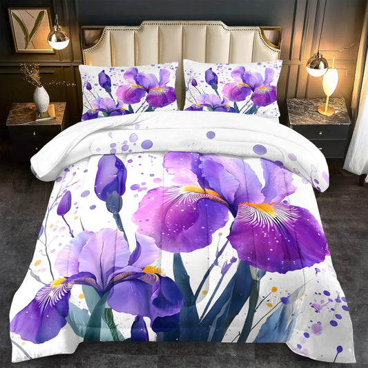 Purple Floral Comforter Set Queen Size Woman,Purple Iris Comforter for Girls,Pink Flower Bedding Set Queen Bedroom Decor,Floral Bedding Quilt Bed Decor Pink for Kids and Adults